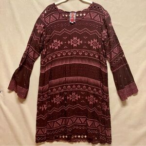 Johnny Was Avery Dress Merlot Sz Med Embroidered Cutout Aztec Sheer Boho
